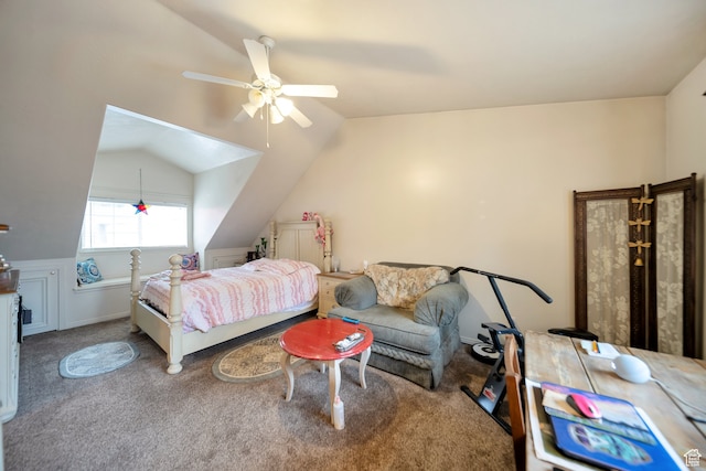 bedroom featuring carpet floors, lofted ceiling, and ceiling fan