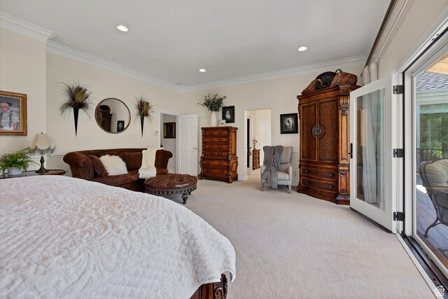 301 S Rachel Ln, New Harmony, UT 84757 - bedroom featuring access to outside, ornamental molding, light carpet, and recessed lighting