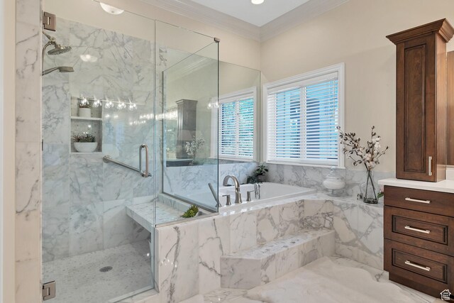 301 S Rachel Ln, New Harmony, UT 84757 - full bath featuring a marble finish shower, a bath, crown molding, and vanity