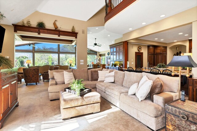 301 S Rachel Ln, New Harmony, UT 84757 - living area featuring high vaulted ceiling, light carpet, recessed lighting, and ceiling fan