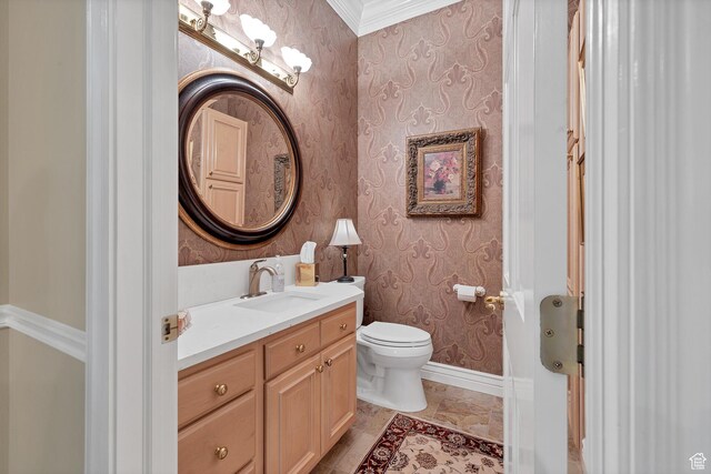 301 S Rachel Ln, New Harmony, UT 84757 - bathroom featuring wallpapered walls, toilet, vanity, baseboards, and ornamental molding