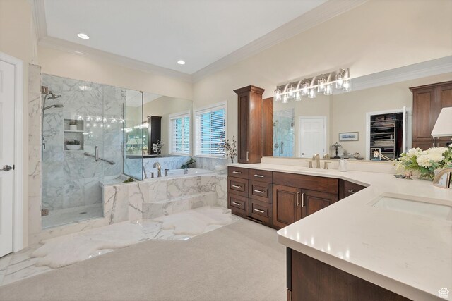 301 S Rachel Ln, New Harmony, UT 84757 - bathroom featuring a marble finish shower, a bath, crown molding, vanity, and recessed lighting