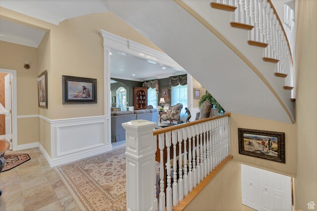 301 S Rachel Ln, New Harmony, UT 84757 - stairway with ornamental molding and a wainscoted wall