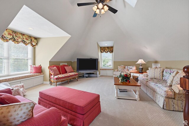 301 S Rachel Ln, New Harmony, UT 84757 - carpeted living room featuring vaulted ceiling and a ceiling fan