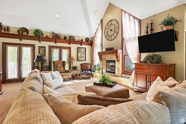 301 S Rachel Ln, New Harmony, UT 84757 - living area with light colored carpet, a tile fireplace, recessed lighting, and high vaulted ceiling