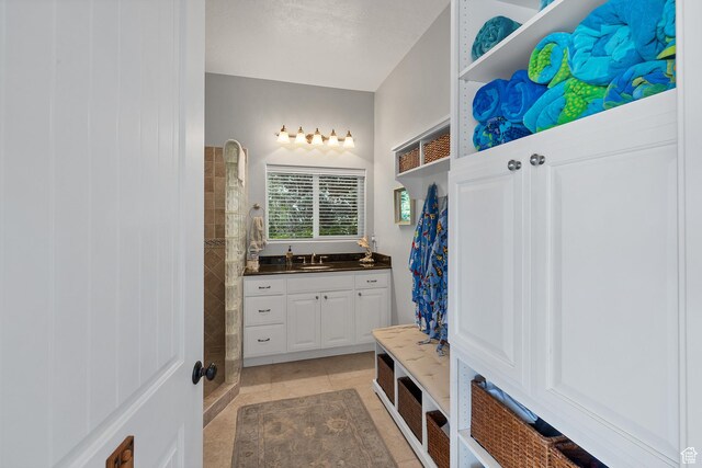 301 S Rachel Ln, New Harmony, UT 84757 - bathroom featuring a walk in shower, tile patterned floors, and vanity