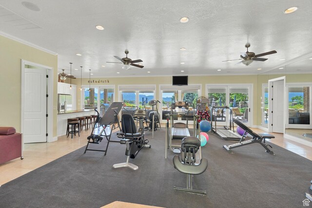 301 S Rachel Ln, New Harmony, UT 84757 - workout area with ceiling fan, plenty of natural light, recessed lighting, crown molding, and light tile patterned flooring