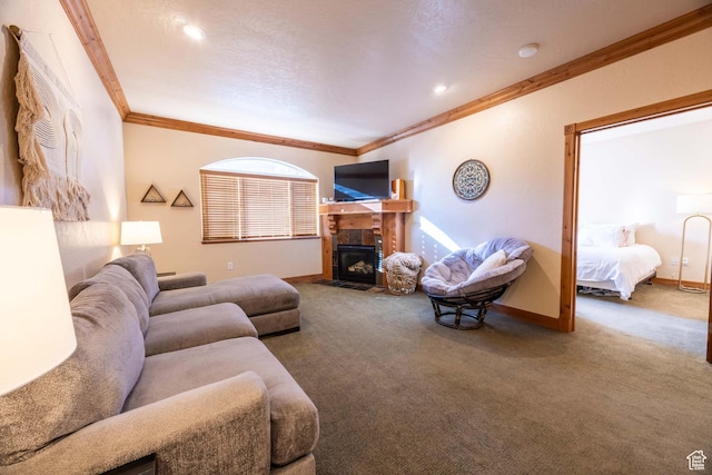 840 Bigler Ln Unit 2039, Midway, UT 84049 - living area featuring crown molding, carpet flooring, a tile fireplace, baseboards, and recessed lighting