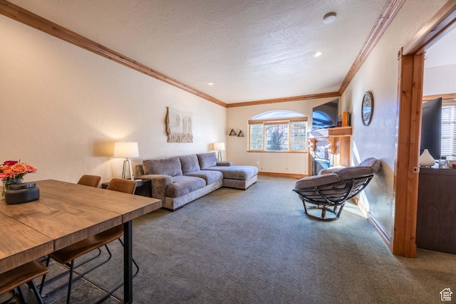 840 Bigler Ln Unit 2039, Midway, UT 84049 - living area with carpet floors, ornamental molding, a textured ceiling, and baseboards