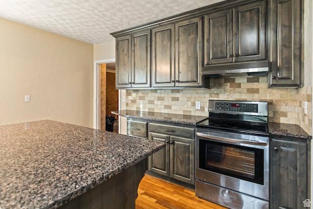 455 N 500 W, Richfield, UT 84701 - kitchen featuring stainless steel electric range oven, under cabinet range hood, a textured ceiling, backsplash, and dark stone countertops