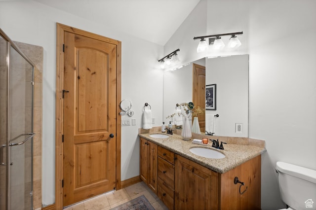 3025 Lower Saddleback Rd Unit 13, Park City, UT 84098 - bathroom featuring walk in shower, lofted ceiling, tile patterned floors, and toilet