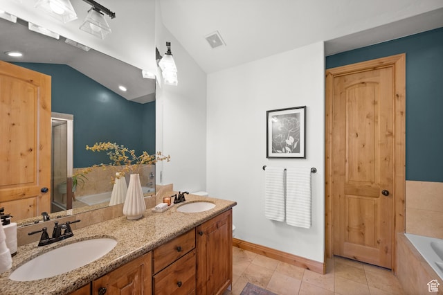 3025 Lower Saddleback Rd Unit 13, Park City, UT 84098 - bathroom featuring tile patterned flooring, vanity, vaulted ceiling, and independent shower and bath
