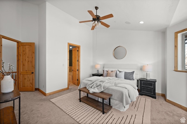 3025 Lower Saddleback Rd Unit 13, Park City, UT 84098 - bedroom featuring ceiling fan, lofted ceiling, connected bathroom, and light colored carpet