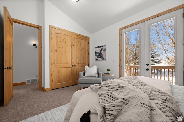 3025 Lower Saddleback Rd Unit 13, Park City, UT 84098 - bedroom featuring access to exterior, carpet floors, french doors, and vaulted ceiling
