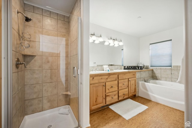 6042 N Fox Pointe Cir, Park City, UT 84098 - full bathroom with a shower stall, double vanity, wood finished floors, and a bath