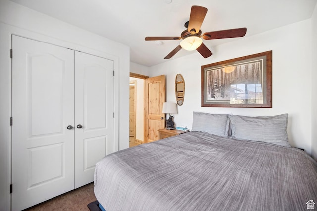 6042 N Fox Pointe Cir, Park City, UT 84098 - bedroom featuring a closet, wood finished floors, and a ceiling fan