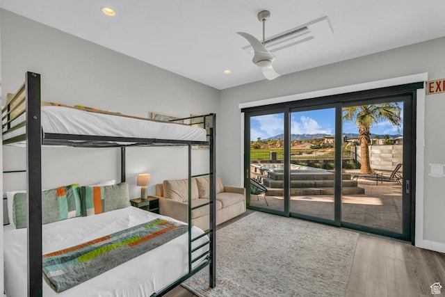1498 W Torrey Pines Rd, Hurricane, UT 84737 - bedroom featuring access to outside, wood finished floors, baseboards, recessed lighting, and ceiling fan