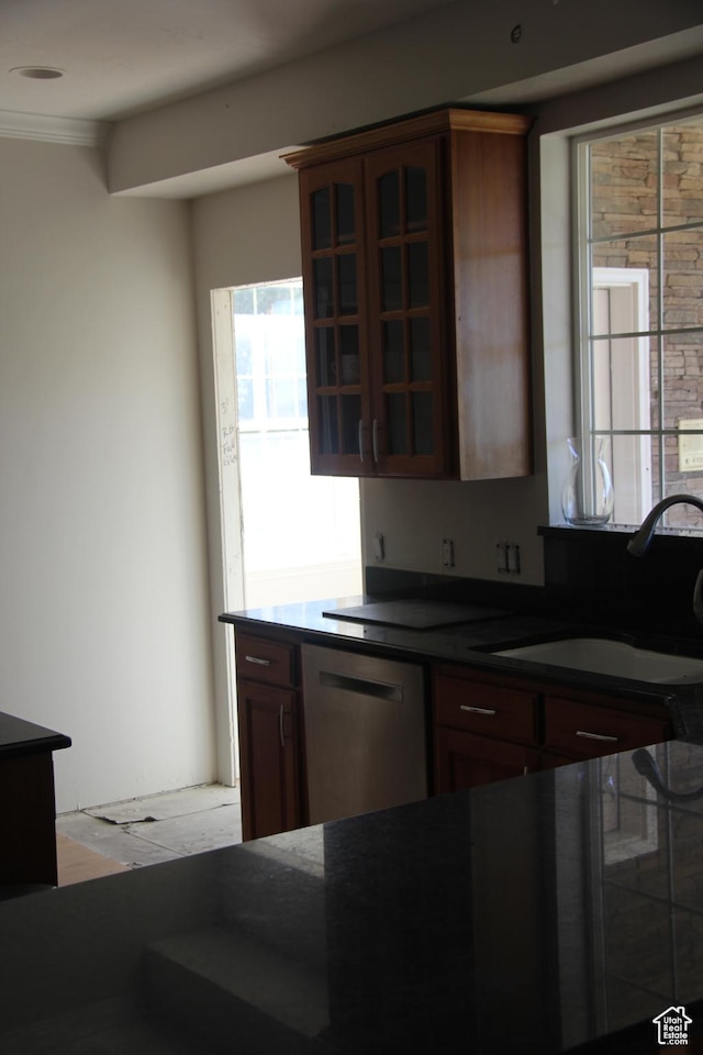 1627 W 950 S, Parowan, UT 84761 - kitchen featuring a sink, dishwasher, glass insert cabinets, dark countertops, and crown molding