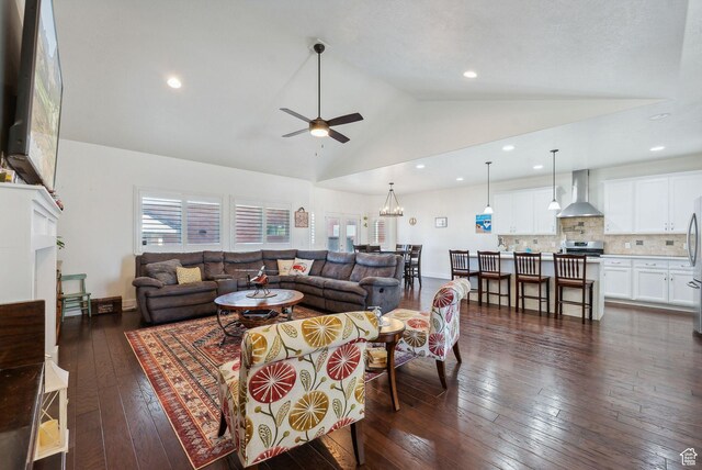 967 W Yamada Ct S, Syracuse, UT 84075 - living room featuring ceiling fan, dark wood-style flooring, a chandelier, recessed lighting, and high vaulted ceiling