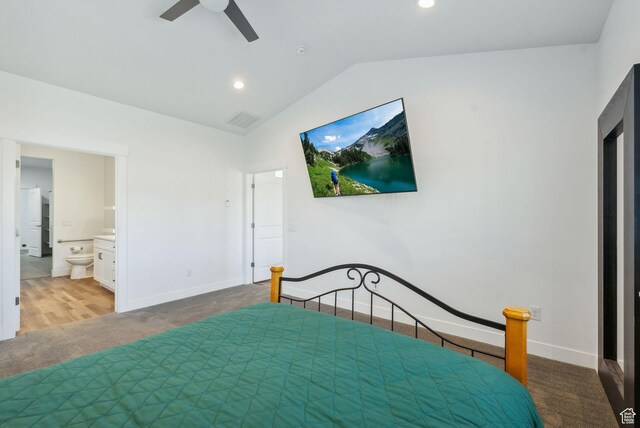 967 W Yamada Ct S, Syracuse, UT 84075 - bedroom with carpet floors, vaulted ceiling, recessed lighting, connected bathroom, and a ceiling fan