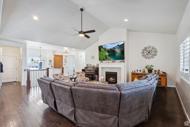 967 W Yamada Ct S, Syracuse, UT 84075 - living area featuring ceiling fan, dark wood finished floors, a tile fireplace, high vaulted ceiling, and recessed lighting