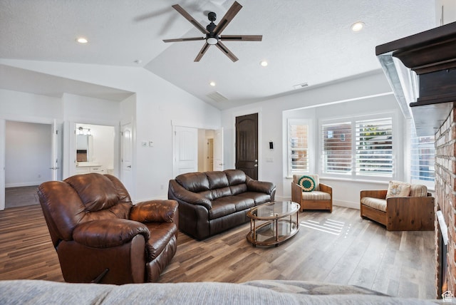 967 W Yamada Ct S, Syracuse, UT 84075 - living room featuring vaulted ceiling, ceiling fan, wood finished floors, and recessed lighting