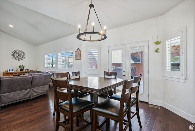 967 W Yamada Ct S, Syracuse, UT 84075 - dining area with dark wood-style floors, lofted ceiling, french doors, and a chandelier