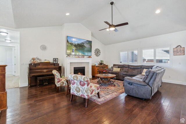 967 W Yamada Ct S, Syracuse, UT 84075 - living area featuring ceiling fan, hardwood / wood-style flooring, a tiled fireplace, high vaulted ceiling, and recessed lighting