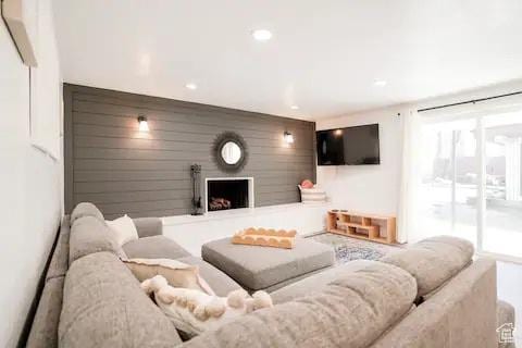 1065 E 22nd St, Ogden, UT 84401 - living area featuring a fireplace and recessed lighting