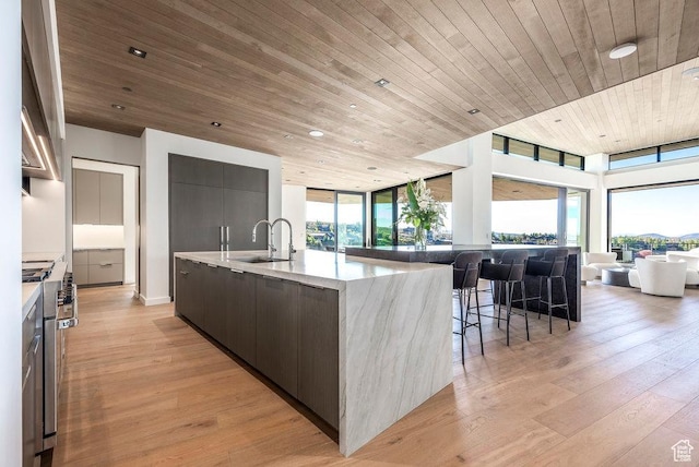 3821 Pinnacle Sky Loop, Park City, UT 84098 - kitchen with modern cabinets, a sink, wood ceiling, light wood-type flooring, and a kitchen breakfast bar