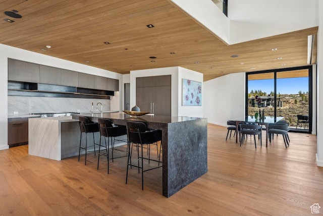 3821 Pinnacle Sky Loop, Park City, UT 84098 - kitchen featuring modern cabinets, tasteful backsplash, a breakfast bar area, a large island with sink, and wooden ceiling