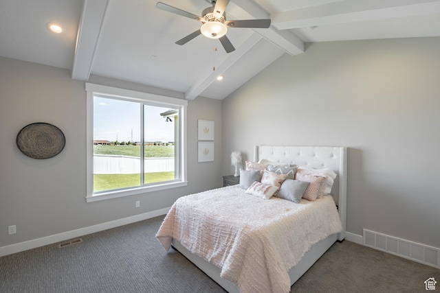 12751 S Harvest Ln W Unit 6, Riverton, UT 84096 - bedroom with carpet flooring, vaulted ceiling with beams, baseboards, and visible vents