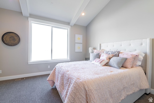 12751 S Harvest Ln W Unit 6, Riverton, UT 84096 - carpeted bedroom featuring visible vents, vaulted ceiling with beams, baseboards, and recessed lighting