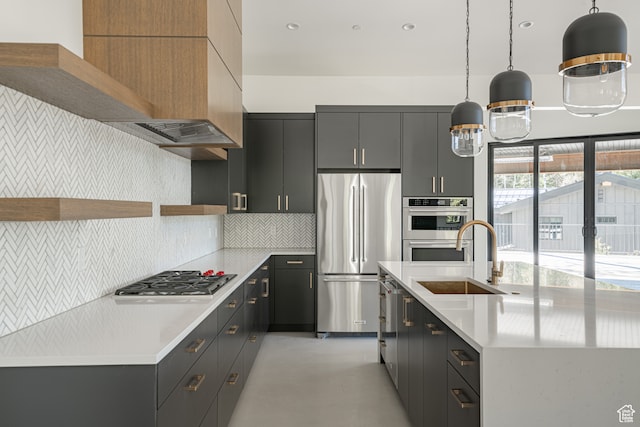 4328 W Harvest Ln S Unit 3, Riverton, UT 84096 - kitchen featuring decorative backsplash, appliances with stainless steel finishes, an island with sink, a sink, and open shelves