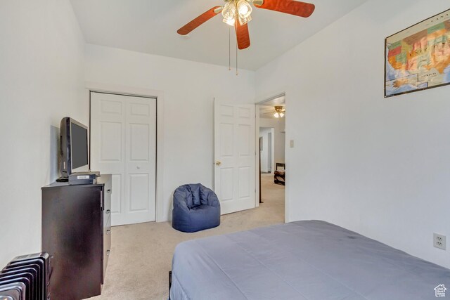 11 W Main St, Eureka, UT 84628 - bedroom featuring light colored carpet, radiator heating unit, a closet, and ceiling fan