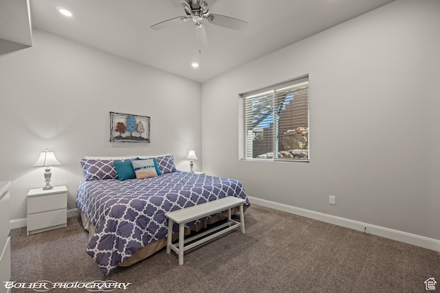carpeted bedroom featuring ceiling fan