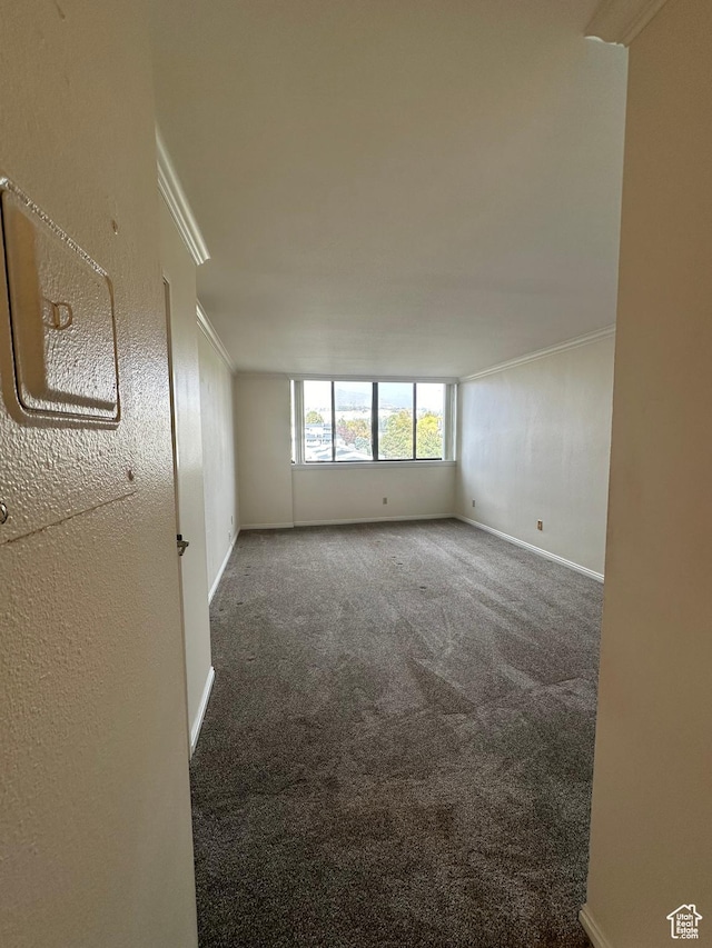 carpeted spare room with ornamental molding and baseboards