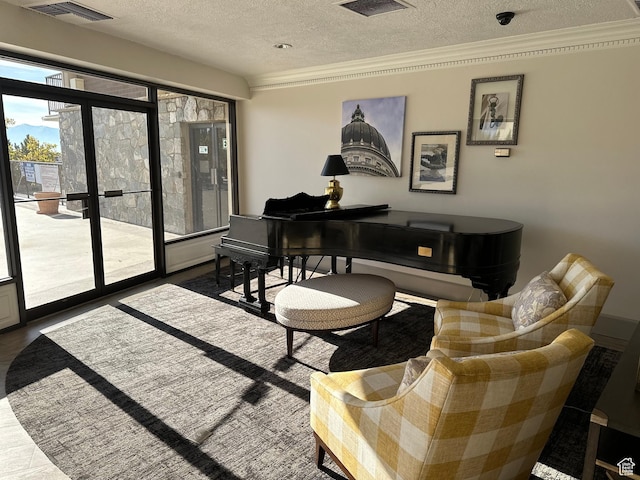living area featuring a textured ceiling and ornamental molding