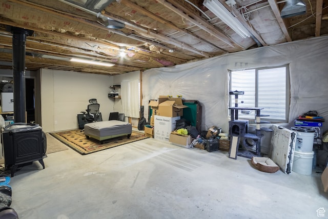 basement with a wood stove