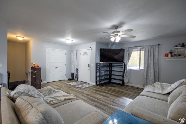 living room with ceiling fan and hardwood / wood-style flooring
