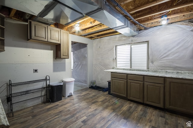 basement with dark hardwood / wood-style floors
