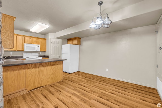 929 W 670 S Unit 1, Pleasant Grove, UT 84062 - kitchen featuring white appliances, sink, an inviting chandelier, kitchen peninsula, and light hardwood / wood-style flooring