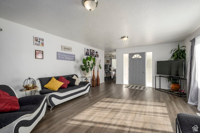 living room featuring a textured ceiling and dark hardwood / wood-style flooring