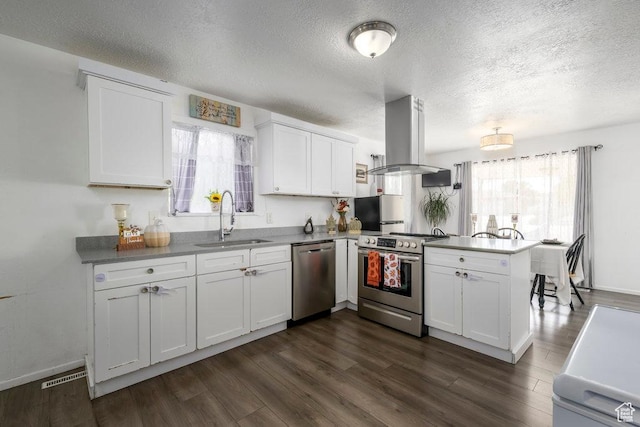 5092 W 4100 S, West Valley City, UT 84120 - kitchen featuring stainless steel appliances, a sink, a peninsula, island exhaust hood, and white cabinetry