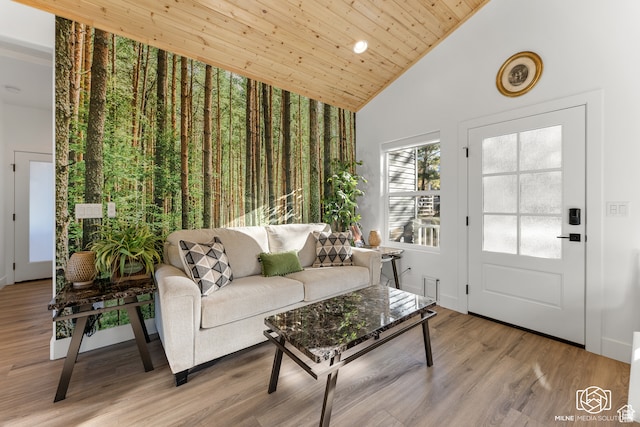 780 W Hillside Dr, Pine Valley, UT 84781 - living room featuring high vaulted ceiling, hardwood / wood-style flooring, and wood ceiling