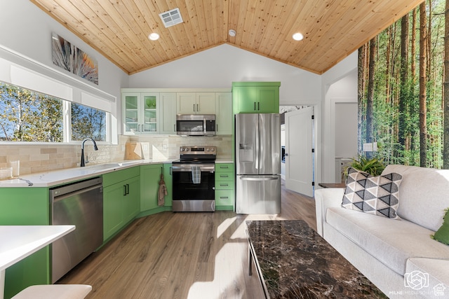 780 W Hillside Dr, Pine Valley, UT 84781 - kitchen with appliances with stainless steel finishes, wood ceiling, green cabinetry, and dark hardwood / wood-style floors