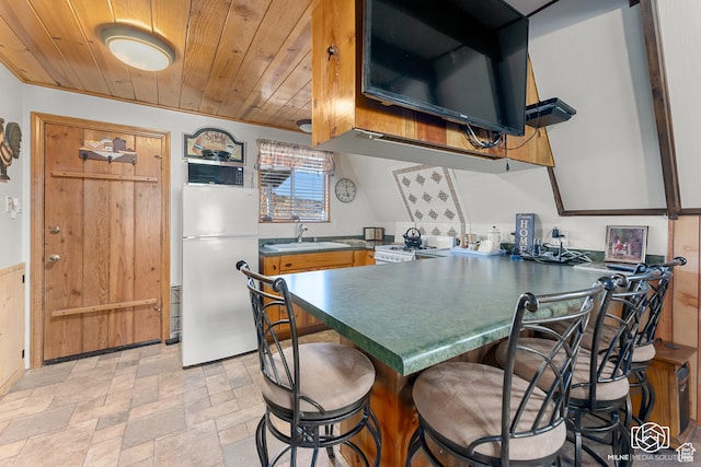 780 W Hillside Dr, Pine Valley, UT 84781 - kitchen with a kitchen breakfast bar, white appliances, wooden ceiling, and sink