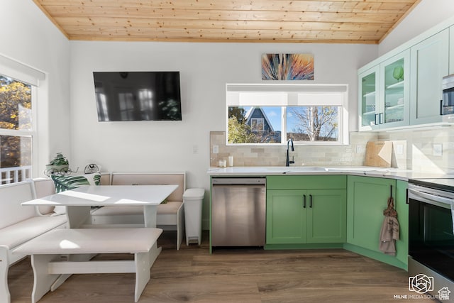 780 W Hillside Dr, Pine Valley, UT 84781 - kitchen with stainless steel appliances, decorative backsplash, sink, a healthy amount of sunlight, and wooden ceiling