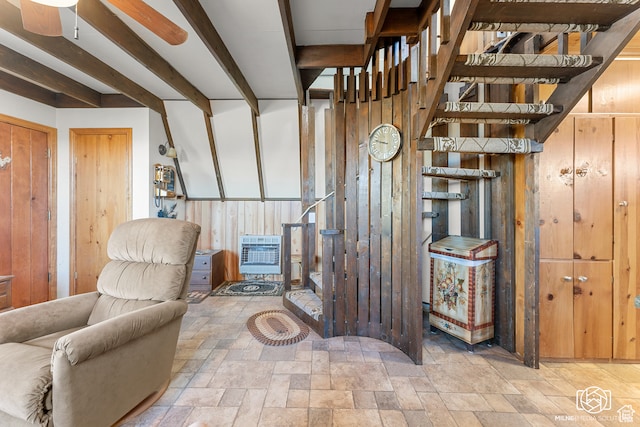 780 W Hillside Dr, Pine Valley, UT 84781 - sitting room featuring beamed ceiling, wooden walls, ceiling fan, and heating unit