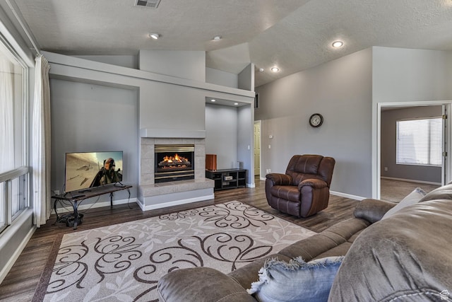356 N Cactus Ln Unit 9, Washington, UT 84780 - living room featuring a textured ceiling, lofted ceiling, a tile fireplace, wood finished floors, and baseboards